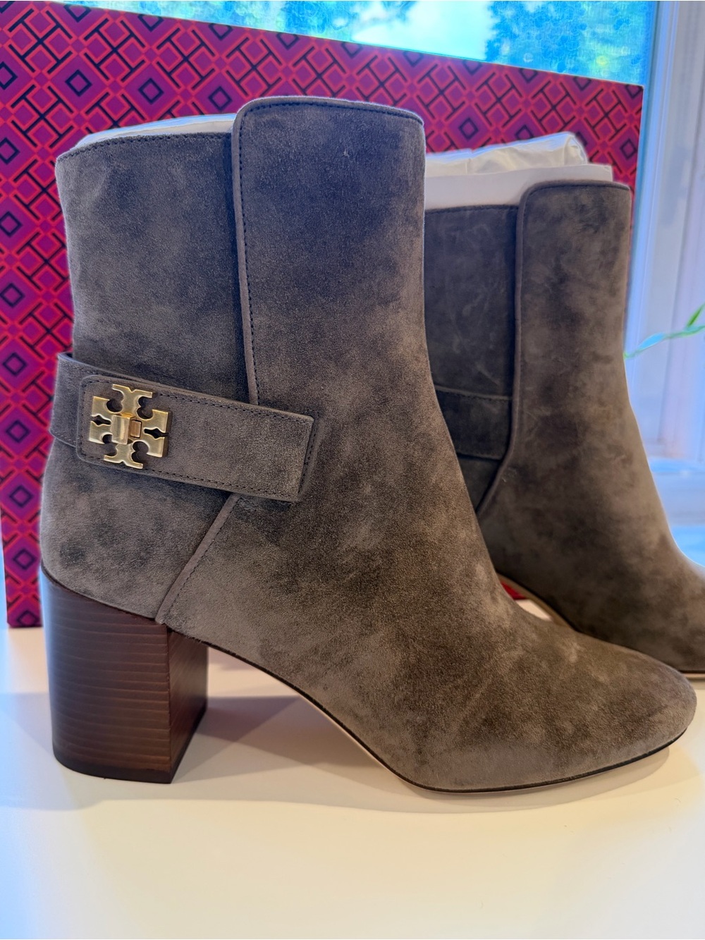 Tory Burch Kira Grey Suede Block Heel Ankle Boots with Turnlock logo